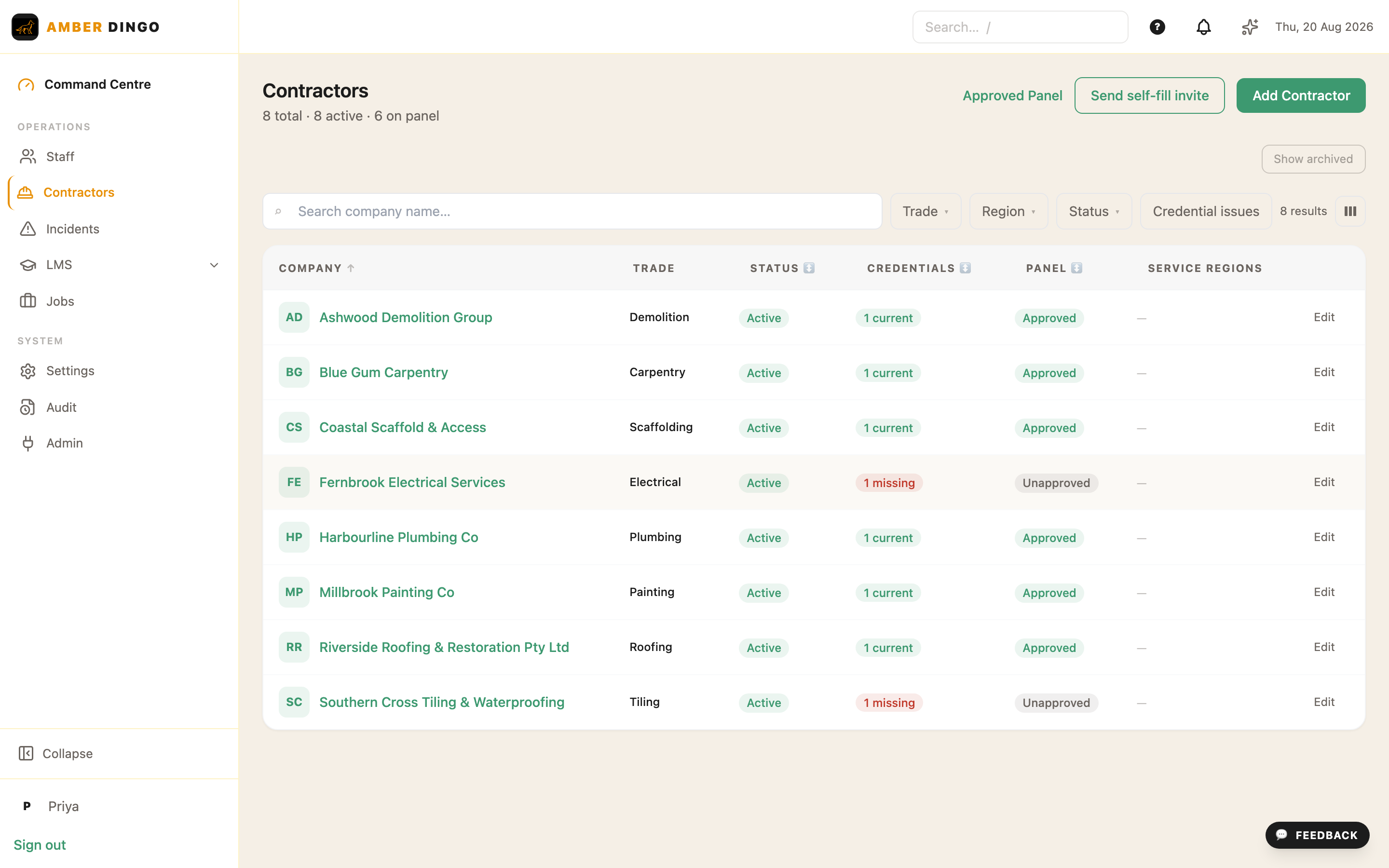 AmberDingo Contractors list showing company, trade, status, credentials and Approved Panel column