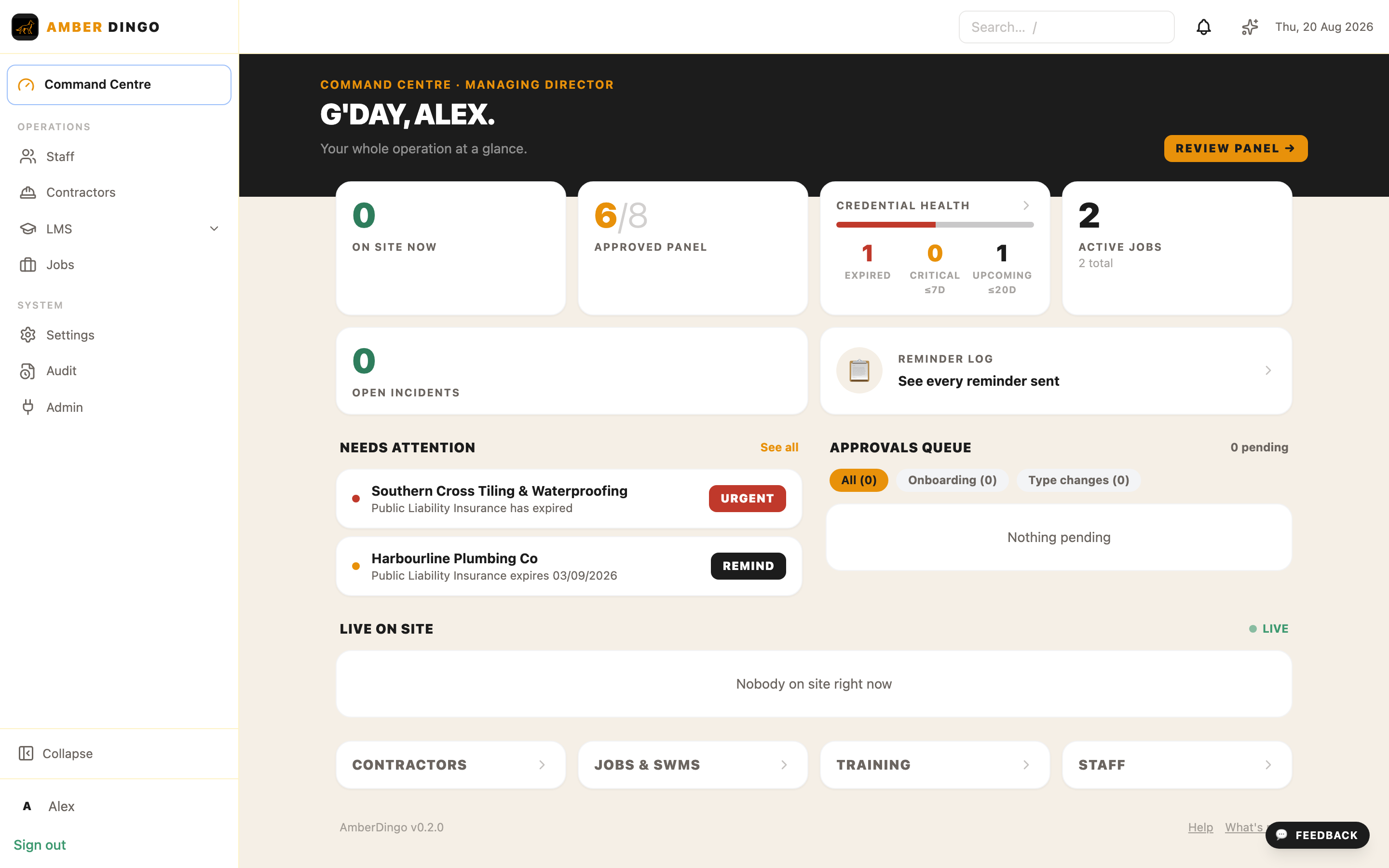 AmberDingo Command Centre dashboard showing approved contractor panel, credential health and jobs needing attention