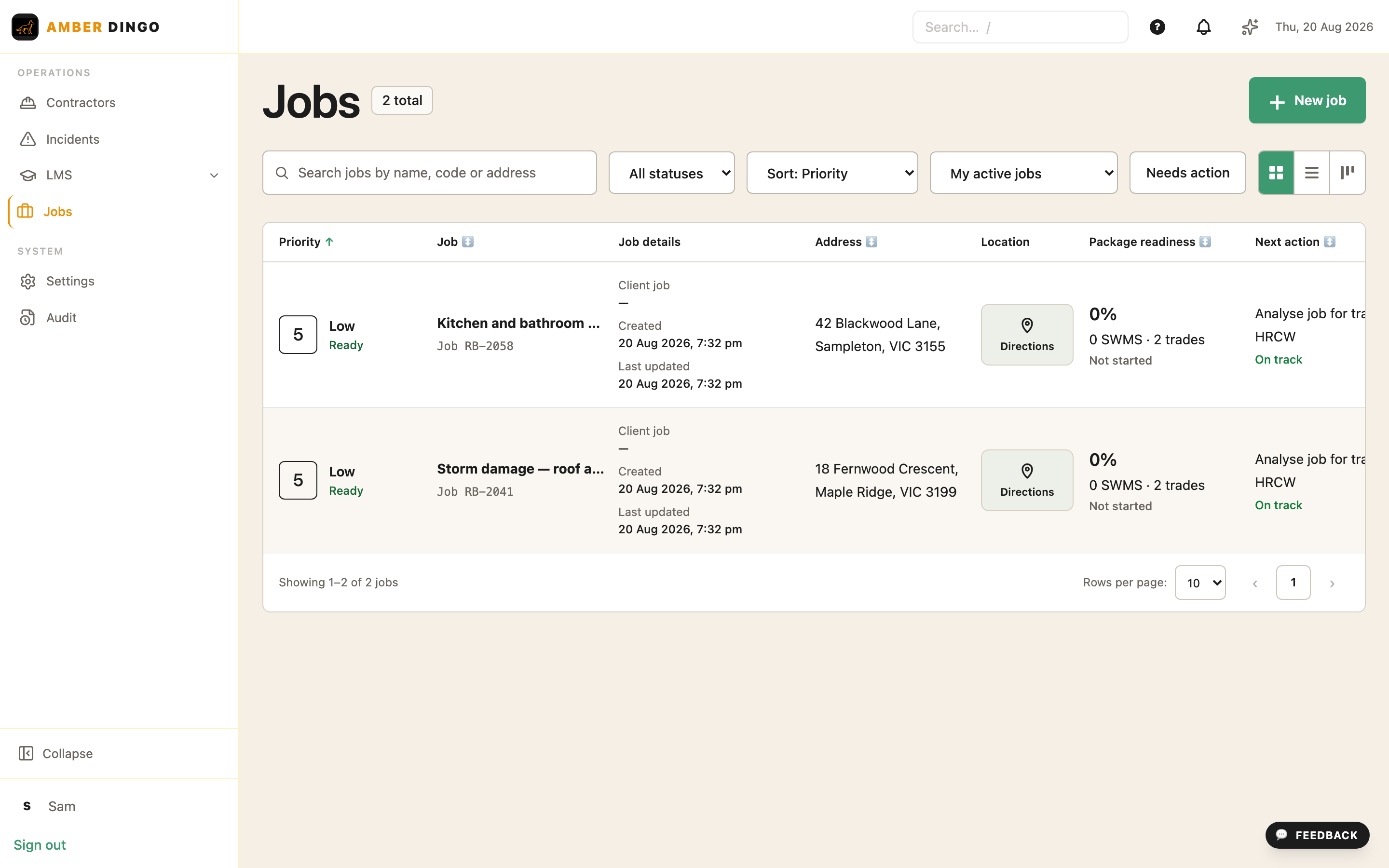 AmberDingo Jobs list on desktop, showing job priority, package readiness and next actions