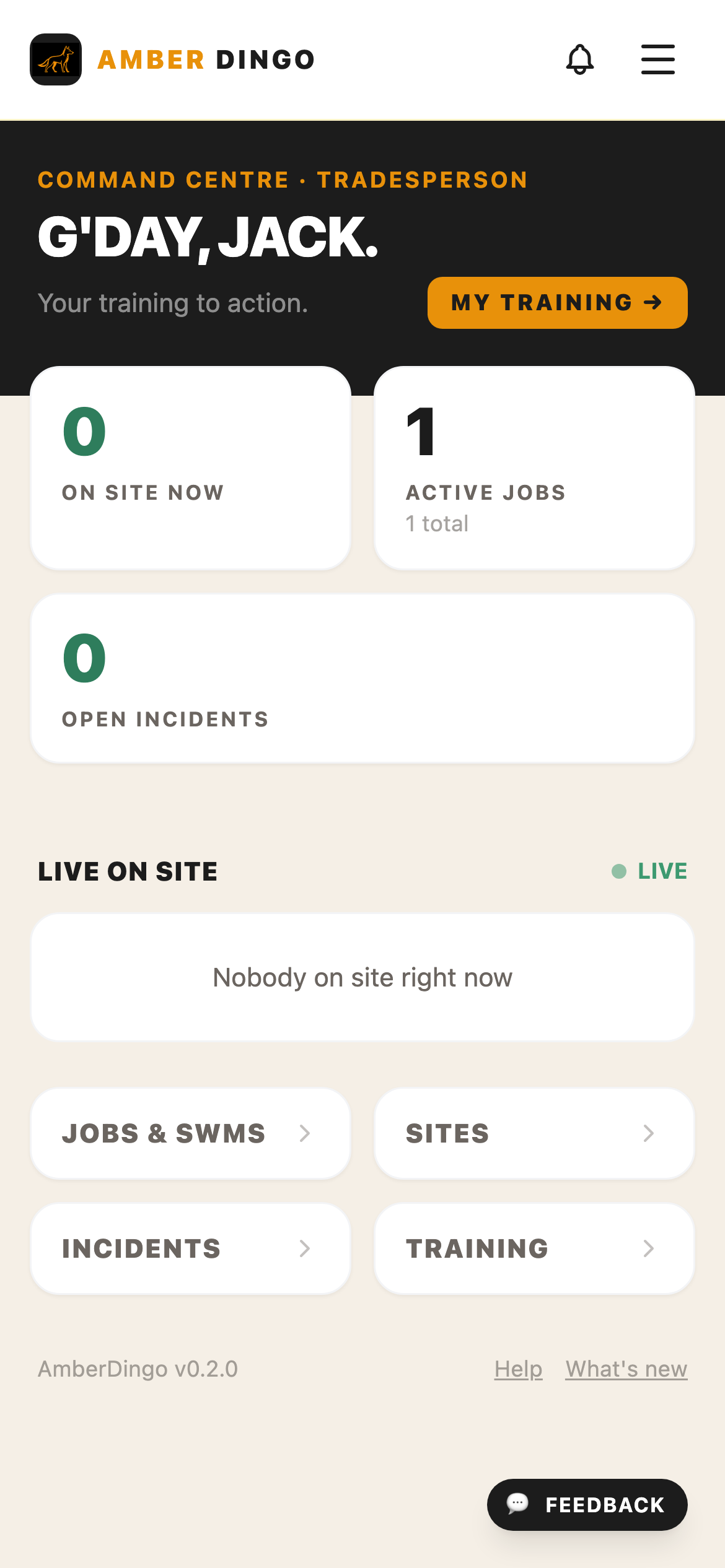 AmberDingo mobile Command Centre for a tradesperson, showing active jobs and quick links to Jobs, Sites, Incidents and Training